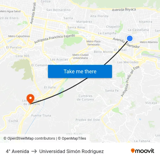 4° Avenida to Universidad Simón Rodriguez map