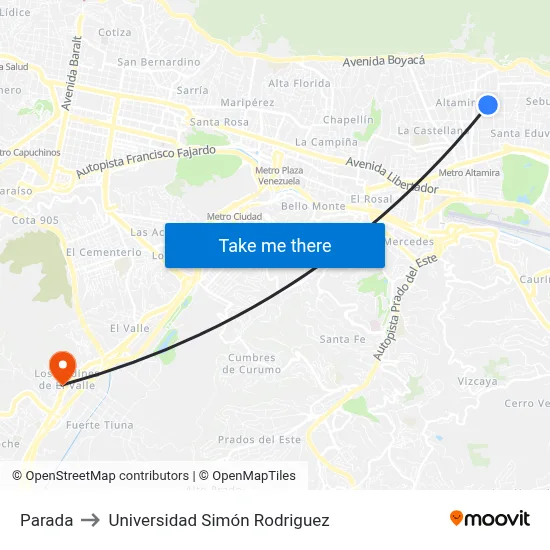 Parada to Universidad Simón Rodriguez map