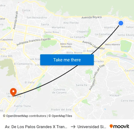Av. De Los Palos Grandes X Transversal De Los Palos Grandes to Universidad Simón Rodriguez map