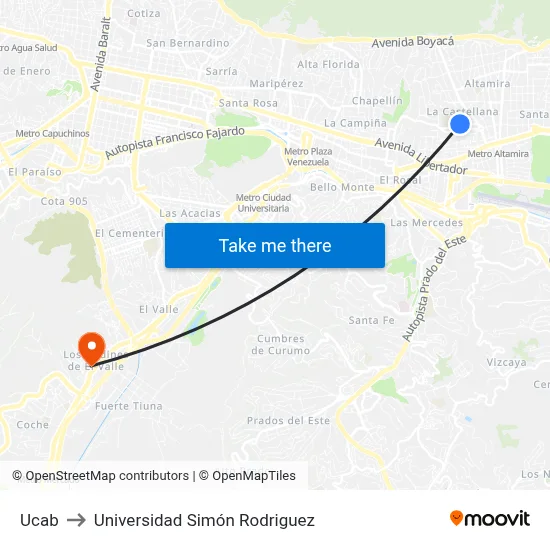 Ucab to Universidad Simón Rodriguez map