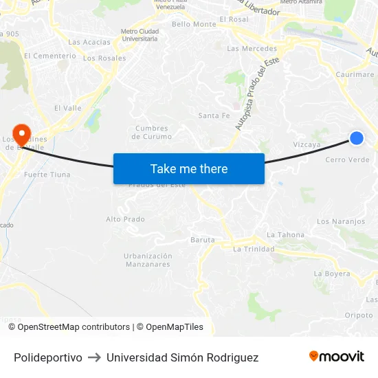 Polideportivo to Universidad Simón Rodriguez map