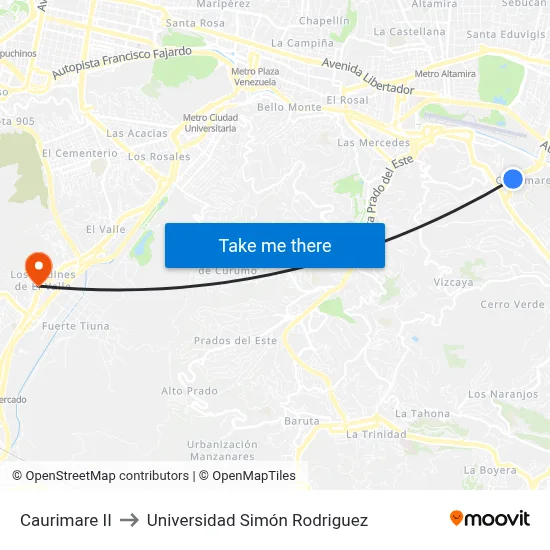Caurimare II to Universidad Simón Rodriguez map