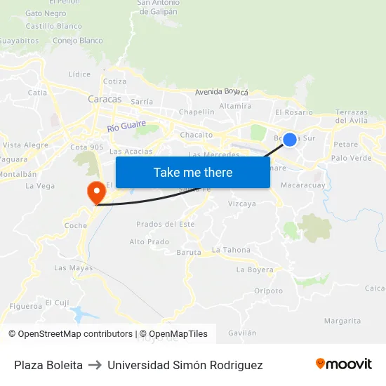 Plaza Boleita to Universidad Simón Rodriguez map