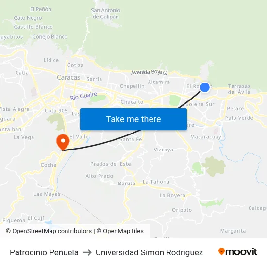 Patrocinio Peñuela to Universidad Simón Rodriguez map