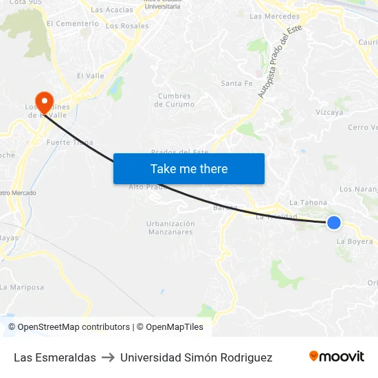 Las Esmeraldas to Universidad Simón Rodriguez map