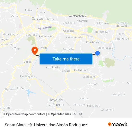 Santa Clara to Universidad Simón Rodriguez map
