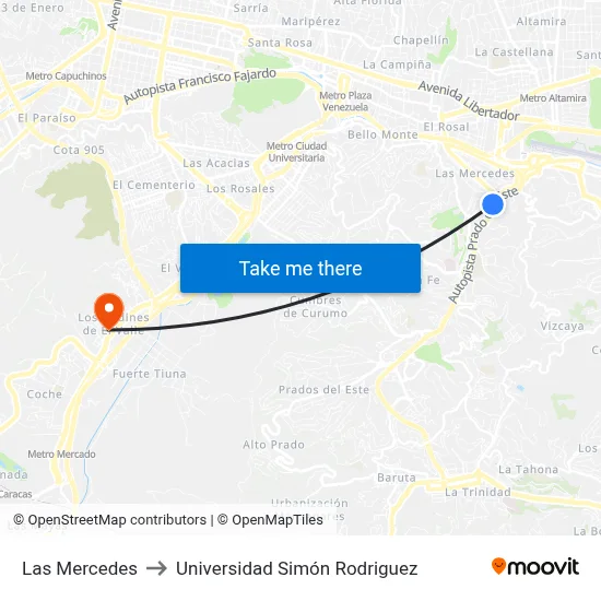 Las Mercedes to Universidad Simón Rodriguez map