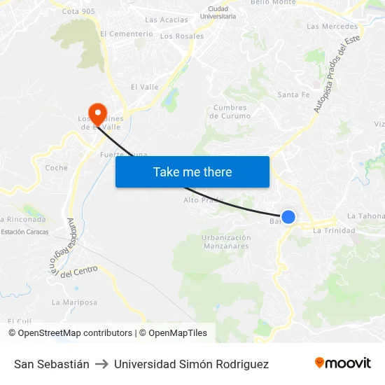 San Sebastián to Universidad Simón Rodriguez map