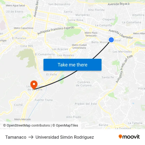 Tamanaco to Universidad Simón Rodriguez map