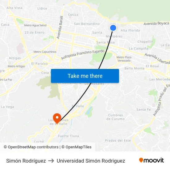 Simón Rodríguez to Universidad Simón Rodriguez map