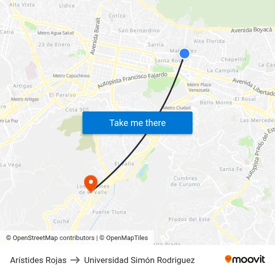 Arístides Rojas to Universidad Simón Rodriguez map