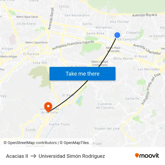 Acacias II to Universidad Simón Rodriguez map