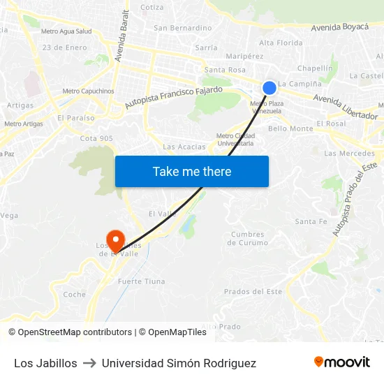 Los Jabillos to Universidad Simón Rodriguez map