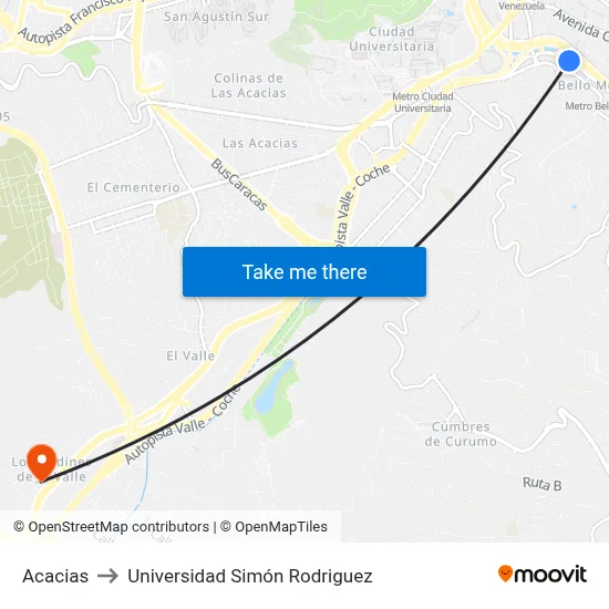 Acacias to Universidad Simón Rodriguez map