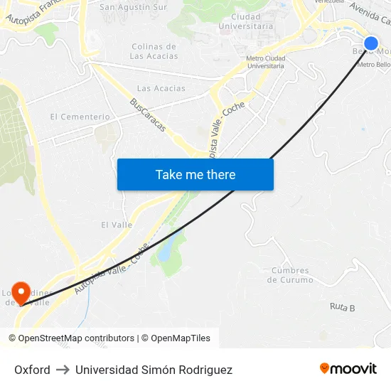 Oxford to Universidad Simón Rodriguez map