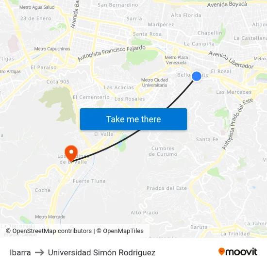 Ibarra to Universidad Simón Rodriguez map