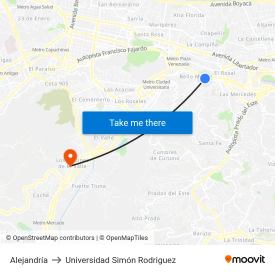 Alejandría to Universidad Simón Rodriguez map