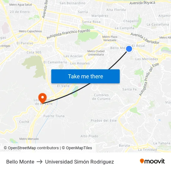 Bello Monte to Universidad Simón Rodriguez map