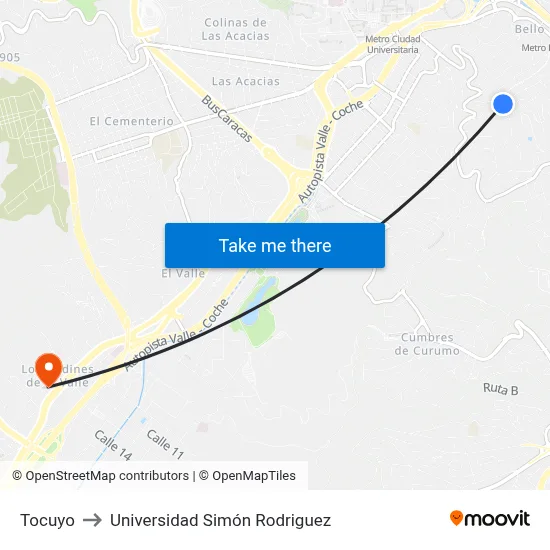 Tocuyo to Universidad Simón Rodriguez map