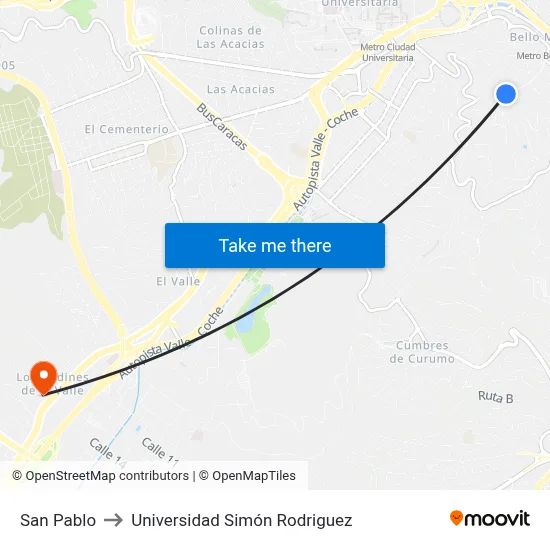 San Pablo to Universidad Simón Rodriguez map