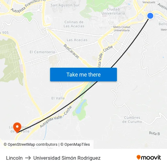 Lincoln to Universidad Simón Rodriguez map