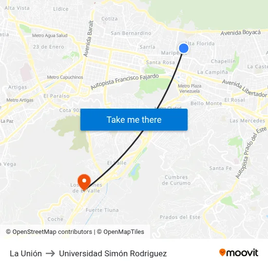 La Unión to Universidad Simón Rodriguez map