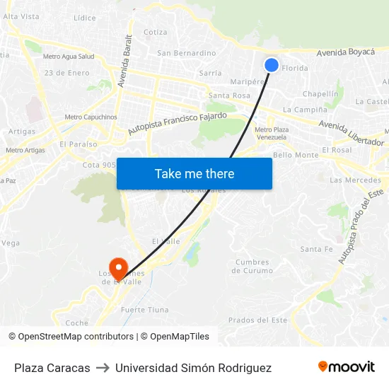 Plaza Caracas to Universidad Simón Rodriguez map