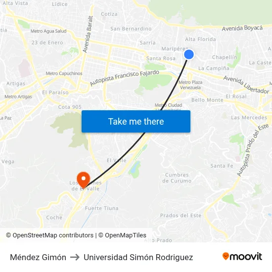 Méndez Gimón to Universidad Simón Rodriguez map