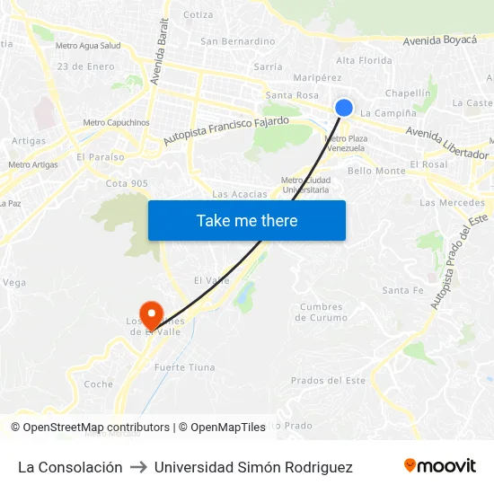 La Consolación to Universidad Simón Rodriguez map