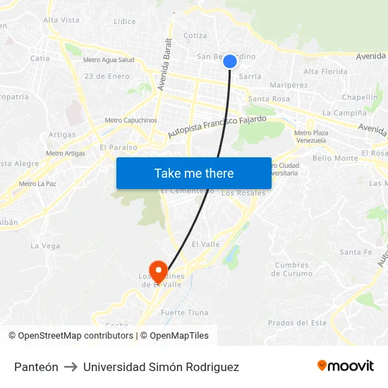Panteón to Universidad Simón Rodriguez map