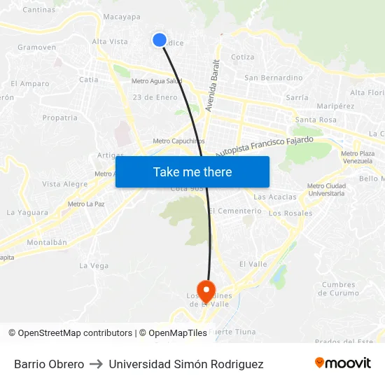 Barrio Obrero to Universidad Simón Rodriguez map