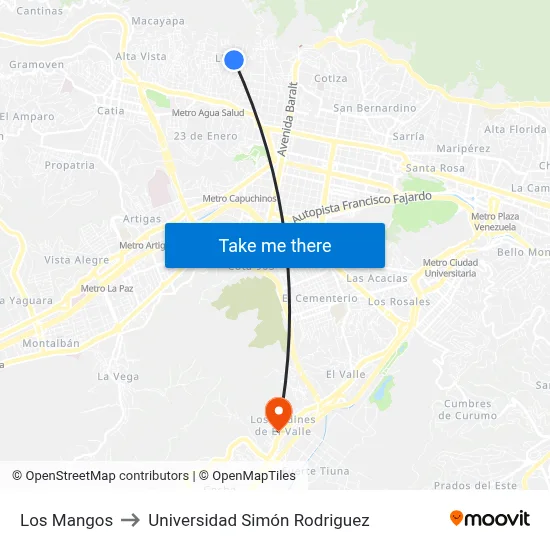 Los Mangos to Universidad Simón Rodriguez map