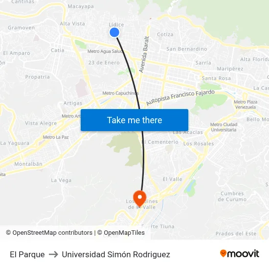 El Parque to Universidad Simón Rodriguez map