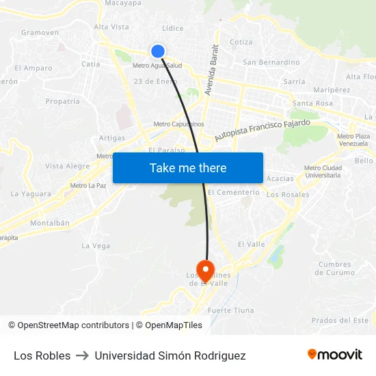 Los Robles to Universidad Simón Rodriguez map