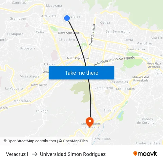 Veracruz II to Universidad Simón Rodriguez map