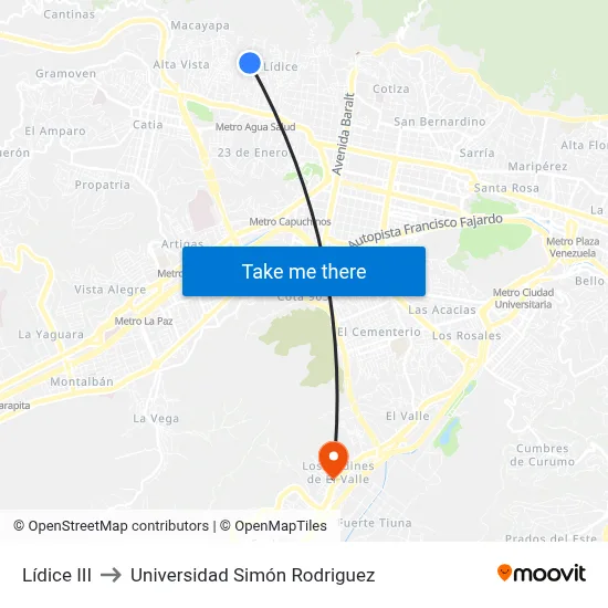 Lídice III to Universidad Simón Rodriguez map