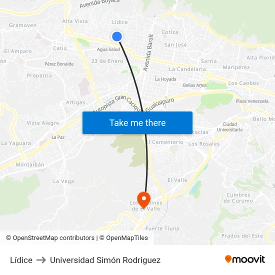 Lídice to Universidad Simón Rodriguez map