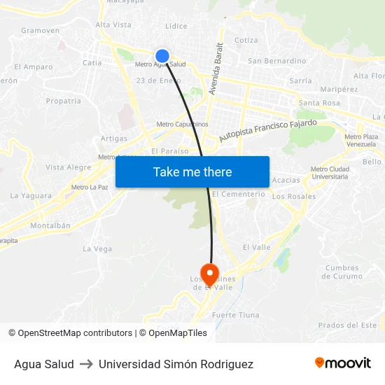 Agua Salud to Universidad Simón Rodriguez map
