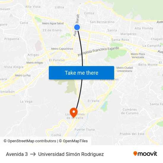 Avenida 3 to Universidad Simón Rodriguez map