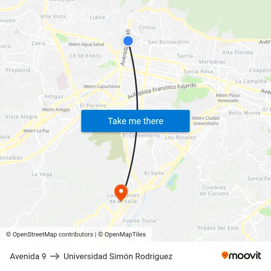Avenida 9 to Universidad Simón Rodriguez map