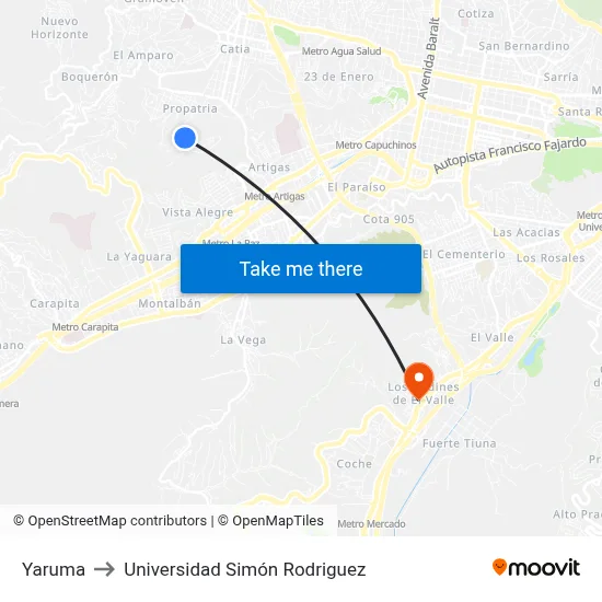 Yaruma to Universidad Simón Rodriguez map