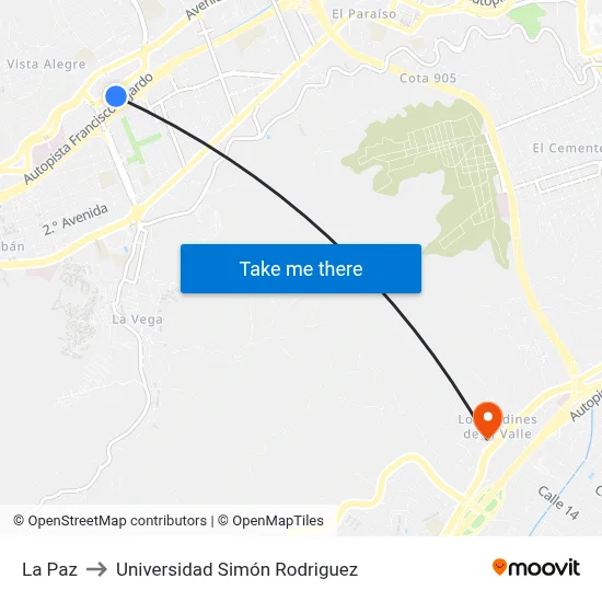 La Paz to Universidad Simón Rodriguez map