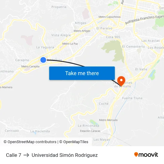 Calle 7 to Universidad Simón Rodriguez map