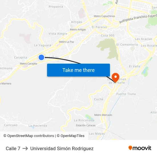 Calle 7 to Universidad Simón Rodriguez map
