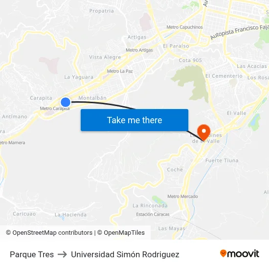 Parque Tres to Universidad Simón Rodriguez map