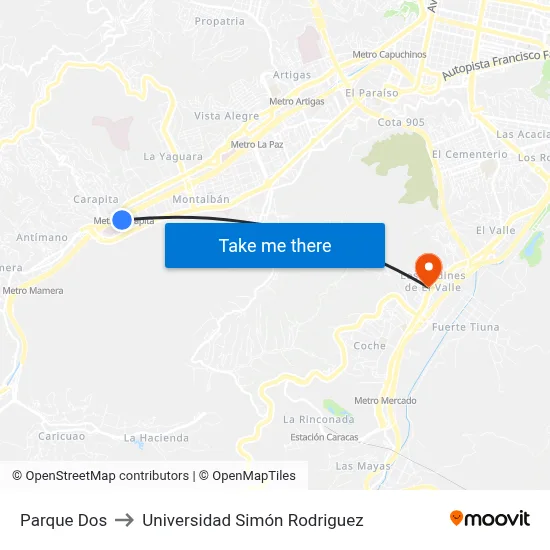 Parque Dos to Universidad Simón Rodriguez map