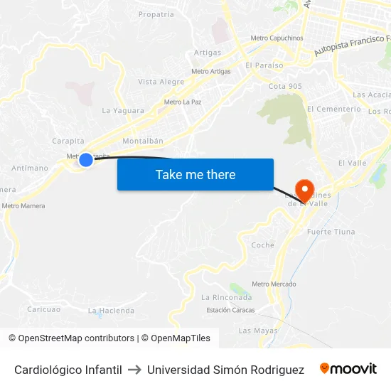 Cardiológico Infantil to Universidad Simón Rodriguez map