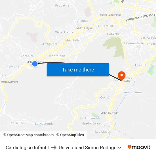 Cardiológico Infantil to Universidad Simón Rodriguez map