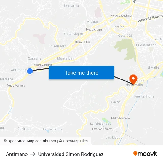 Antímano to Universidad Simón Rodriguez map