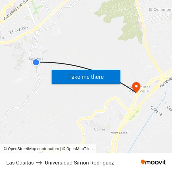 Las Casitas to Universidad Simón Rodriguez map